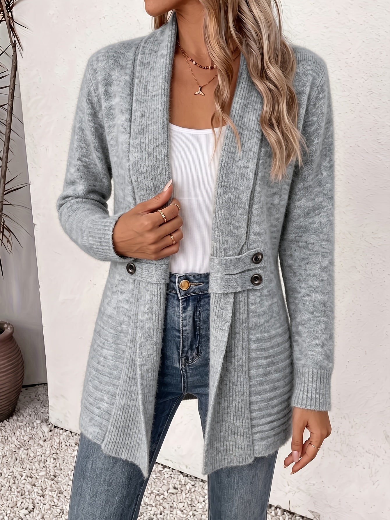 Effortless Ribbed Cardigan Sweater for Women with Shawl Collar Long Sleeve Button Tab Relaxed Style