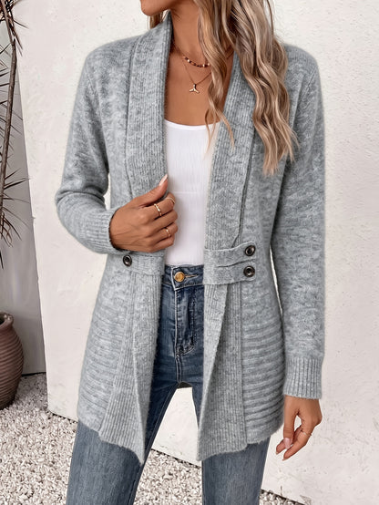 Effortless Ribbed Cardigan Sweater for Women with Shawl Collar Long Sleeve Button Tab Relaxed Style