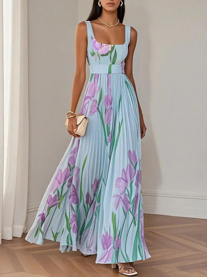 Elegant Floral Maxi Dress for Women with Square Neck Sleeveless Belted Pleated Flowing Style