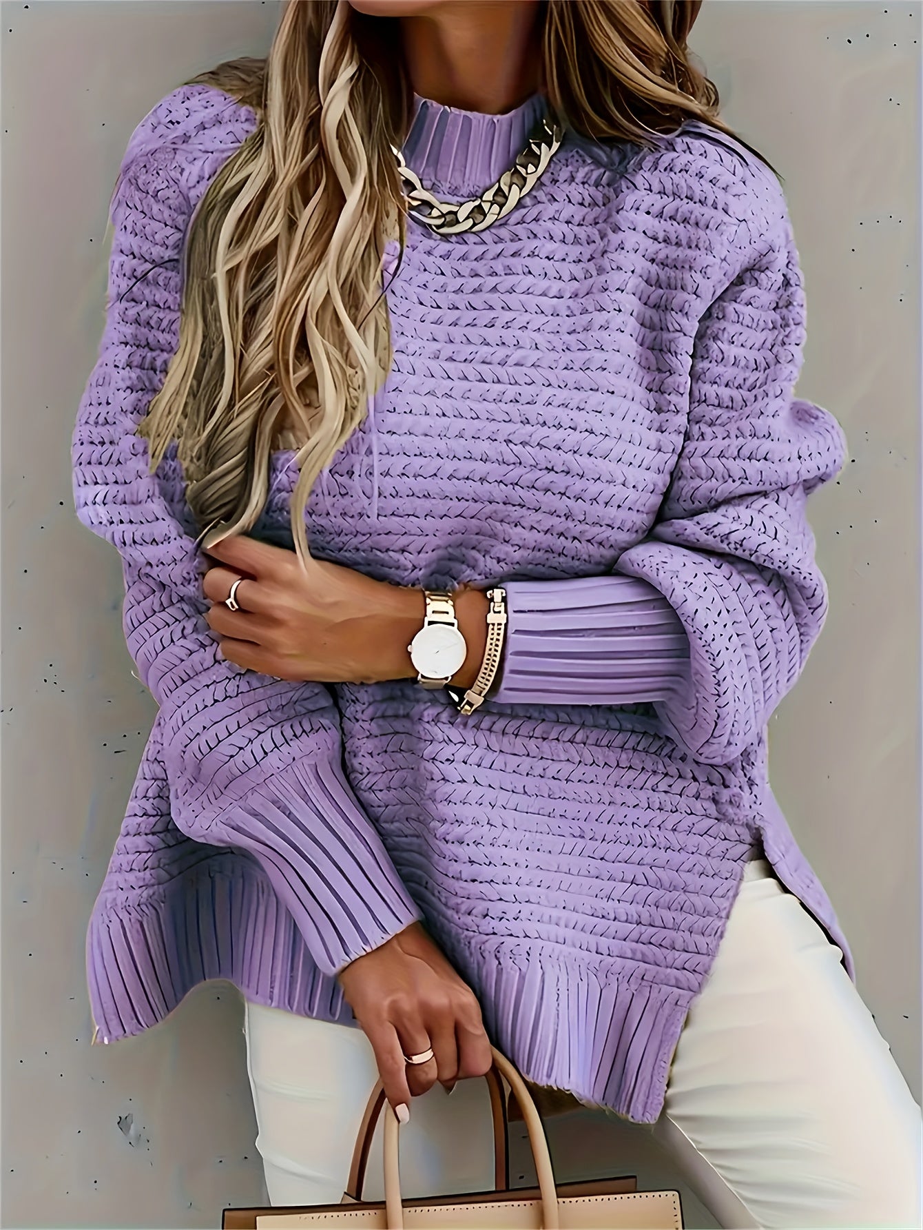 Comfortable Textured Knit Sweater for Women with High Neck Long Sleeve Relaxed Oversized Style