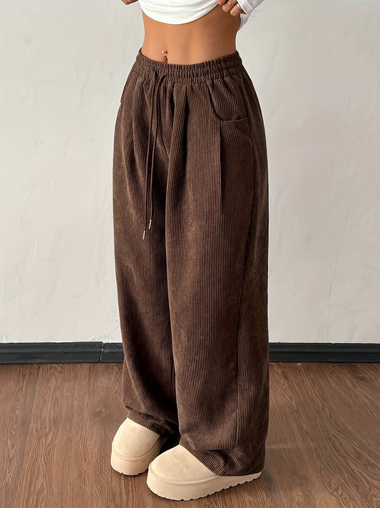 [Vintage Corduroy Pants] Vintage Corduroy | Women's Wide-Leg Pants - Oversized Straight-Leg Trousers with Adjustable Drawstring Waist & Belt, Soft Texture (No Belt Loop), Long Length for Winter Warmth, Casual & Semi-Formal Wear (Machine Washable) LL168