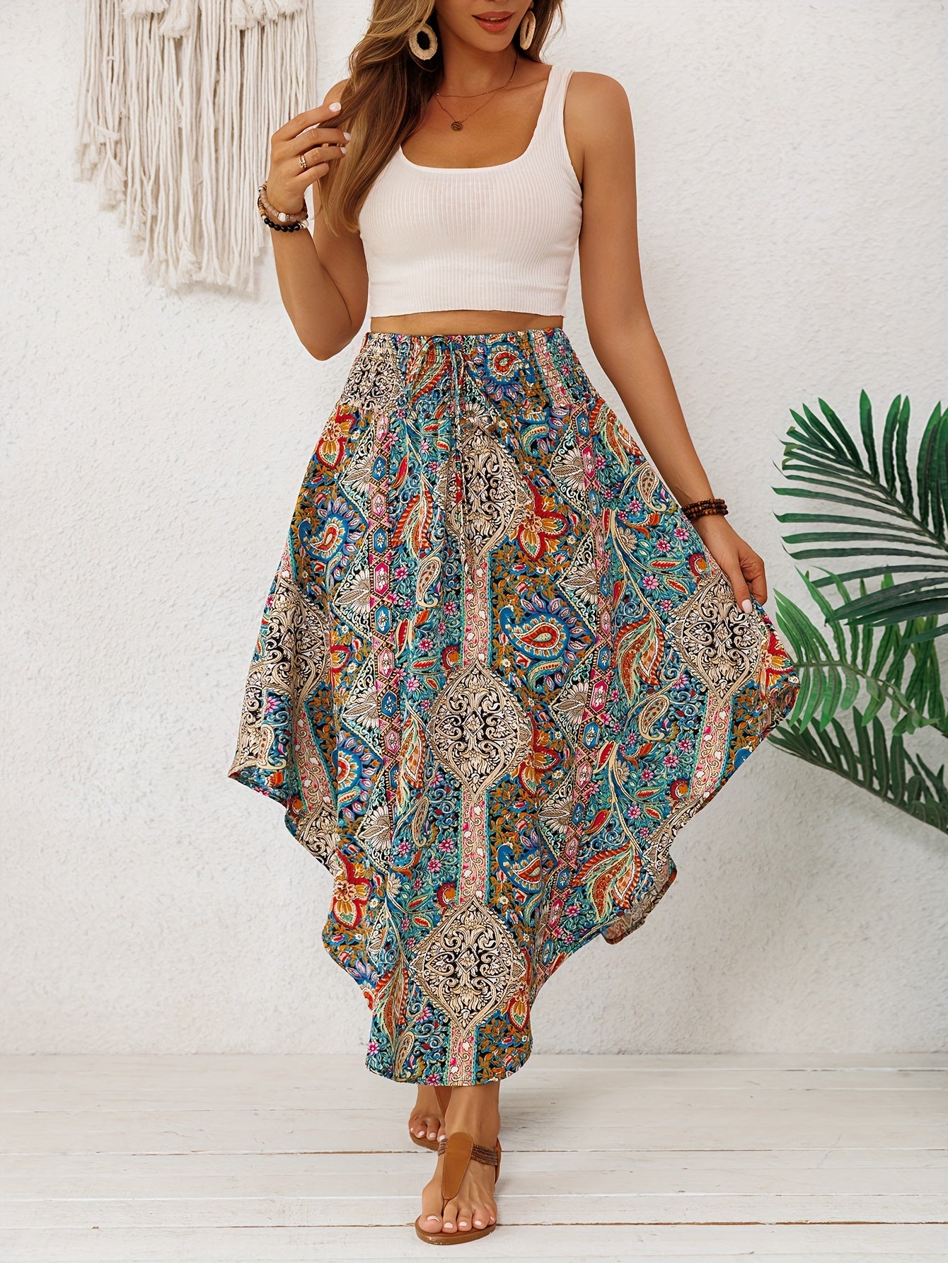 Effortless Multicolor Paisley Maxi Skirt for Women with High Waist Drawstring Asymmetrical Hem Bohemian Style
