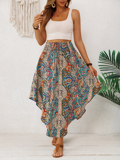 Effortless Multicolor Paisley Maxi Skirt for Women with High Waist Drawstring Asymmetrical Hem Bohemian Style