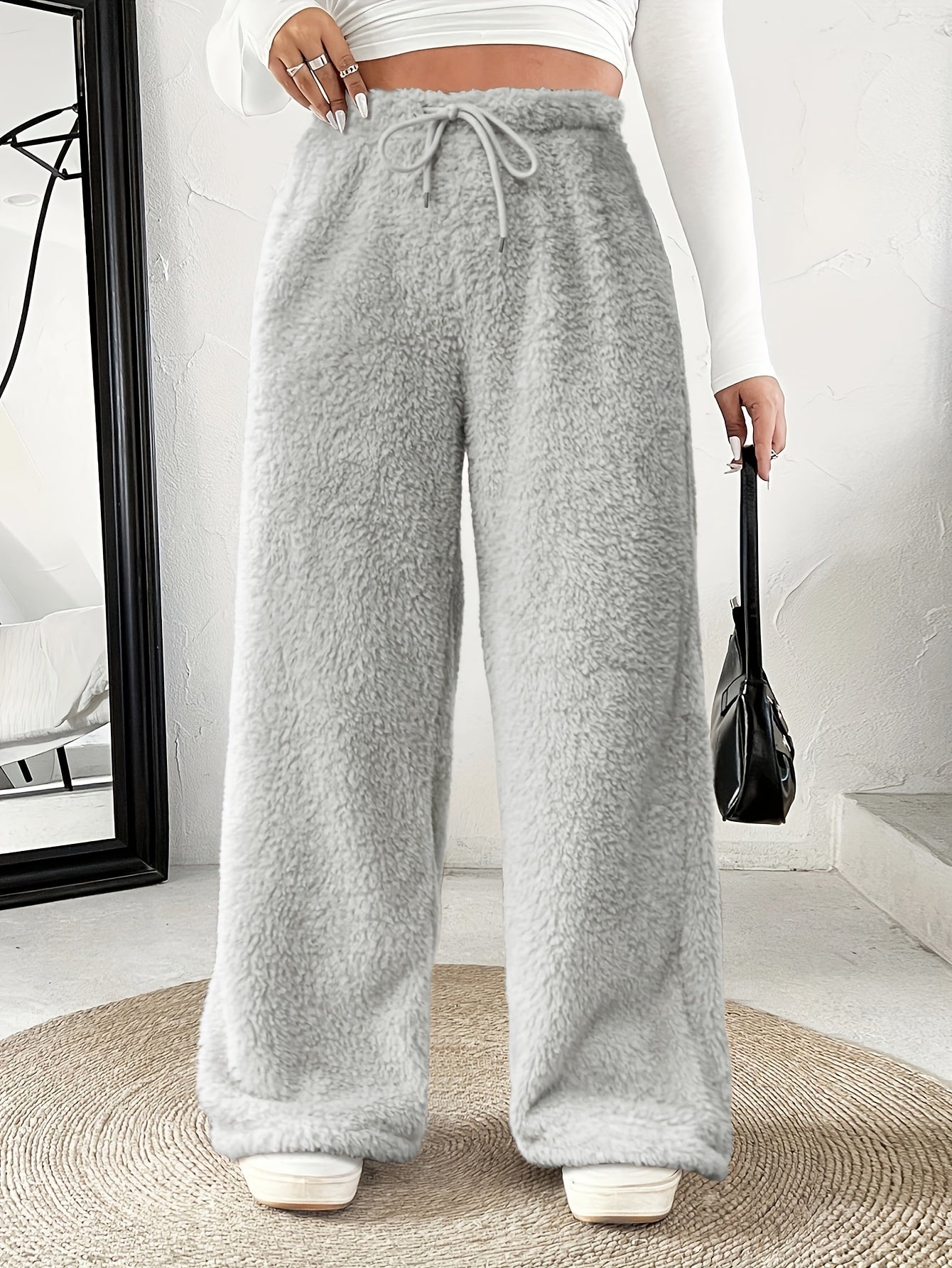 Plus Size -Adult Plus Size Clothing Autumn Winter Casual Reversible Plush Thick Warm Waistband Drawstring Loose Drape Wide Leg Pants