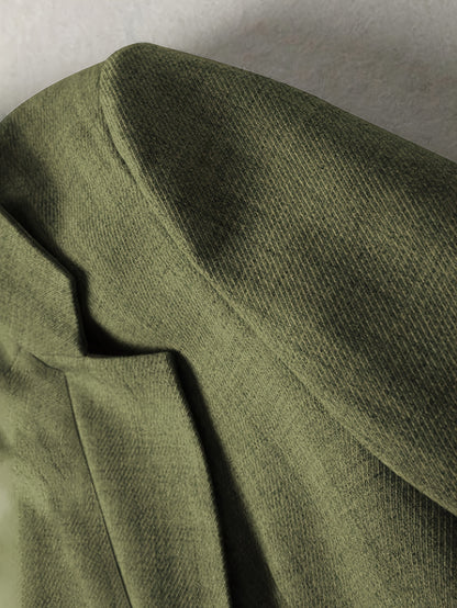 Elegant Fern Green Textured Blazer for Women with Notch Lapel Long Sleeve Striped Cuff Casual Style