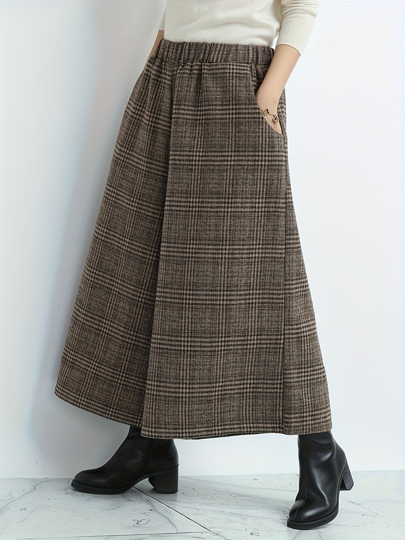 Effortless Plaid Wide Leg Culotte for Women with High Waist Elastic Cropped Relaxed Casual Style