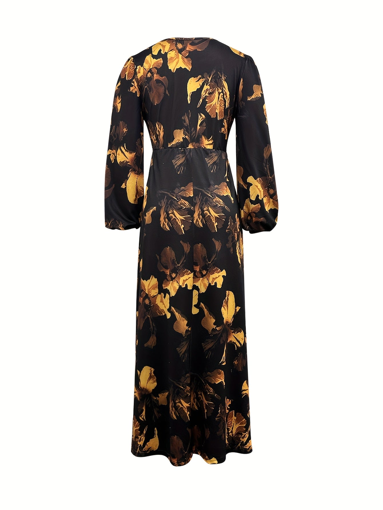 Elegant Black Floral Maxi Dress for Women with V Neck Bishop Sleeve Wrap Asymmetrical Hem Flowing Style