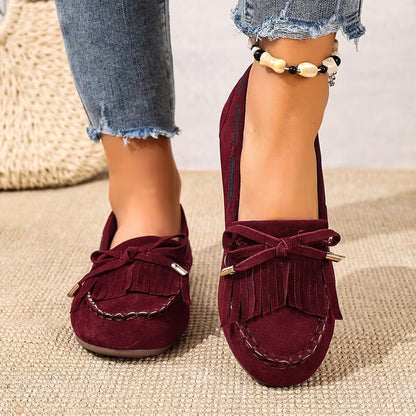 Comfortable House Shoes for Women with Fringe Bow Suede Moccasin Slip On Style