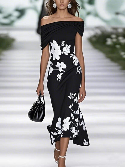 Elegant Floral Midi Dress for Women with Off Shoulder Draped Short Sleeve Mermaid Hem Cocktail Style