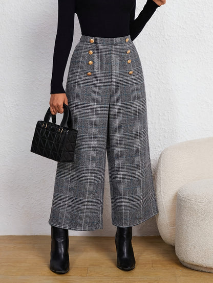 Elegant Grey Plaid Wide Leg Pants for Women with High Waist Button Front Tailored Style