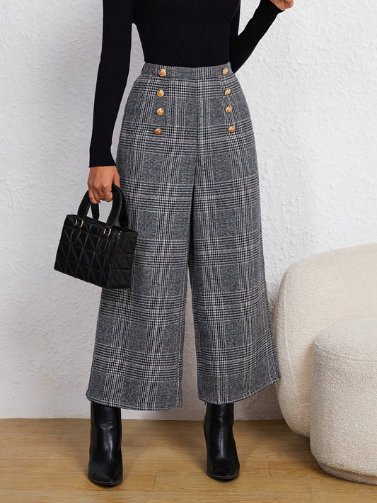 Elegant Grey Plaid Wide Leg Pants for Women with High Waist Button Front Tailored Style