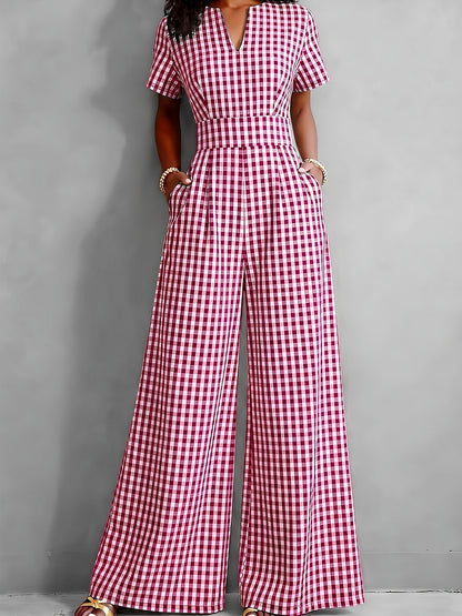 2026 Spring Summer New Plaid V-Neck Short Sleeve Jumpsuit Women'S High-Waist Wide-Leg Straight Long Pants, Women'S Commute Casual Two-Wear Jumpsuit, High-Waist Waist-Cinching Design with Flowing Wide-Leg Trousers