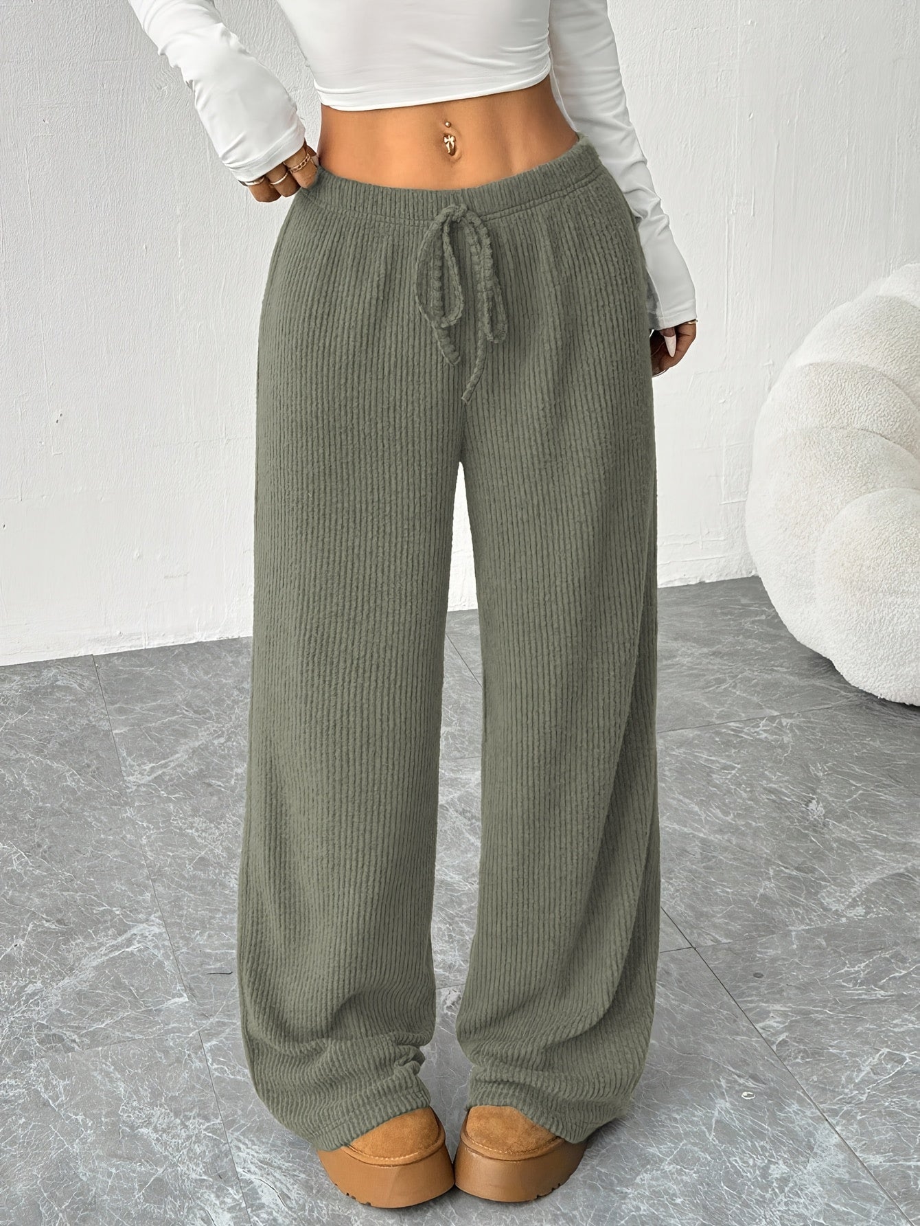 Effortless Ribbed Knit Wide Leg Pants for Women with High Waist Drawstring Relaxed Casual Style