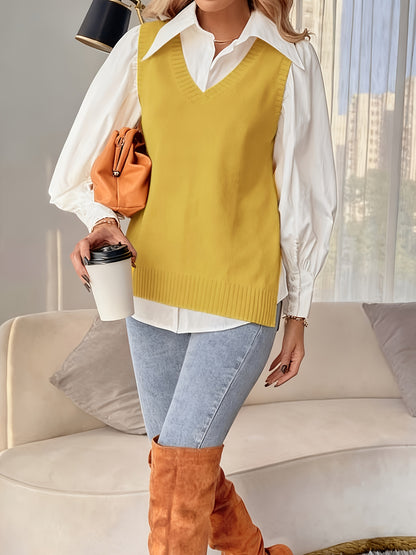 Comfortable Ribbed Knit Sweater Vest for Women with V Neck Sleeveless Relaxed Oversized Style
