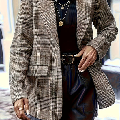 Elegant Plaid Blazer for Women with Notch Lapel Long Sleeve Oversized Tailored Style