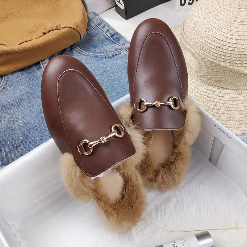 Comfortable Mules for Women with Faux Fur Lining Buckle Detail Slip On Style