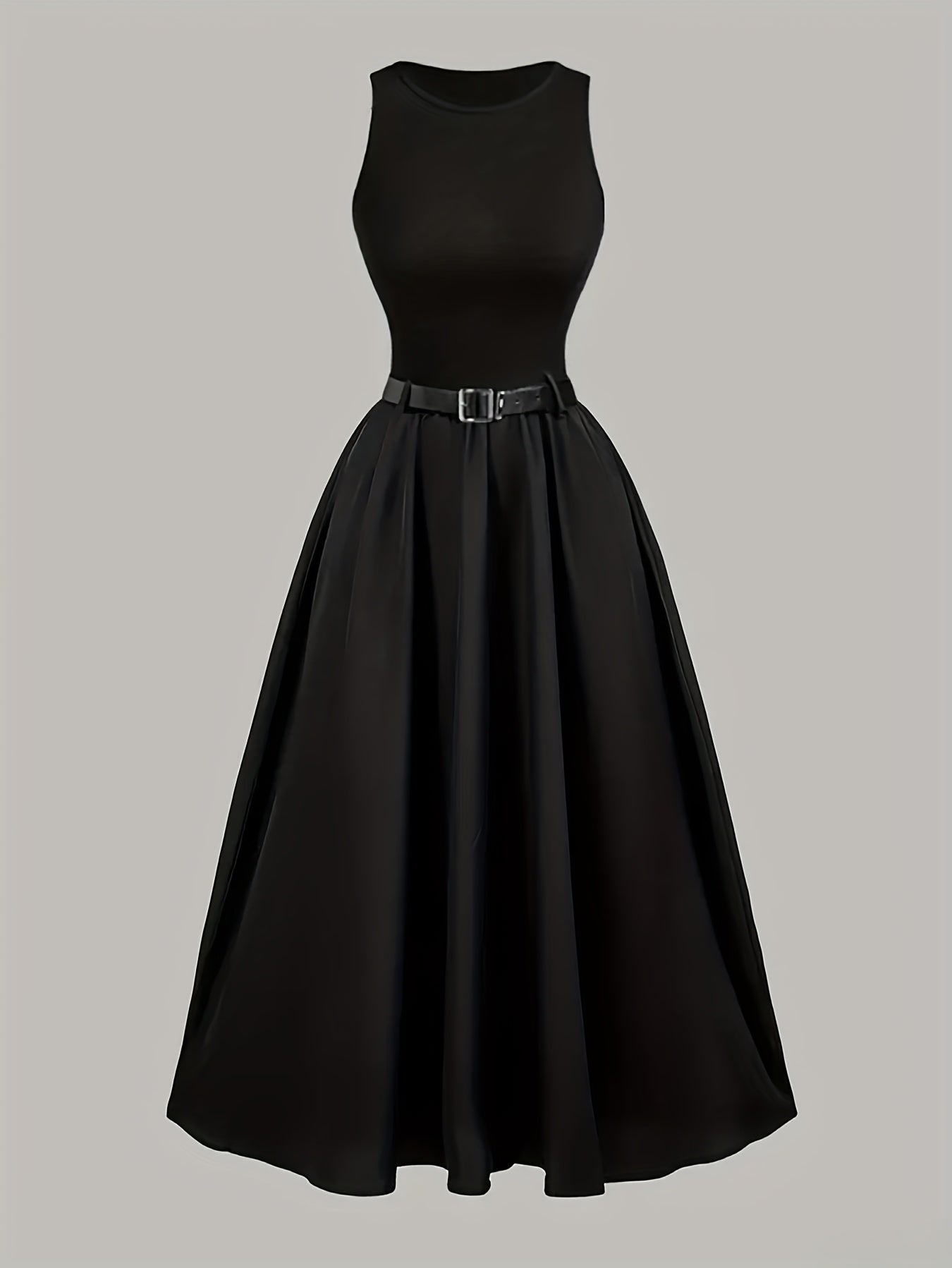 Elegant Black Sleeveless A-Line Midi Dress with Adjustable Waist Belt - Cinched Waist, Flowing Skirt, Round Neck, Perfect for Spring/Summer, Adult Women'S Fashion, Formal Event Attire|Sleek Fitted Top|Adjustable Waist Belt