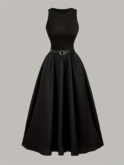 Elegant Black Sleeveless A-Line Midi Dress with Adjustable Waist Belt - Cinched Waist, Flowing Skirt, Round Neck, Perfect for Spring/Summer, Adult Women'S Fashion, Formal Event Attire|Sleek Fitted Top|Adjustable Waist Belt