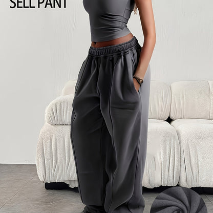 Effortless Fleece Wide Leg Sweatpants for Women with High Waist Elastic Side Pocket Relaxed Casual Style