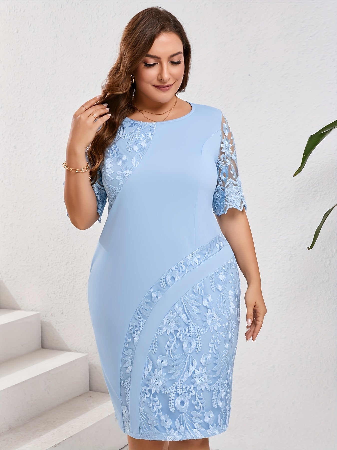 Elegant Embroidered Lace Midi Dress for Women with Round Neck Half Sleeve Bodycon Cocktail Style