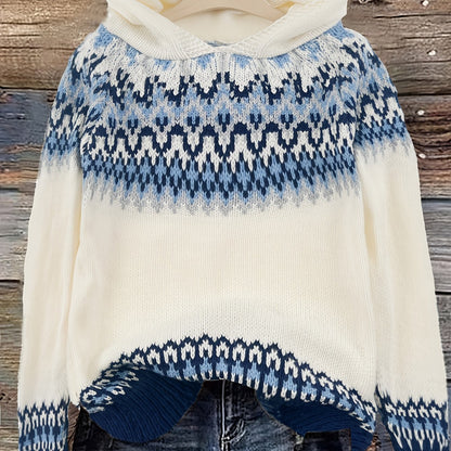 Comfortable Fair Isle Sweater for Women with Hooded Long Sleeve Relaxed Oversized Knit Style