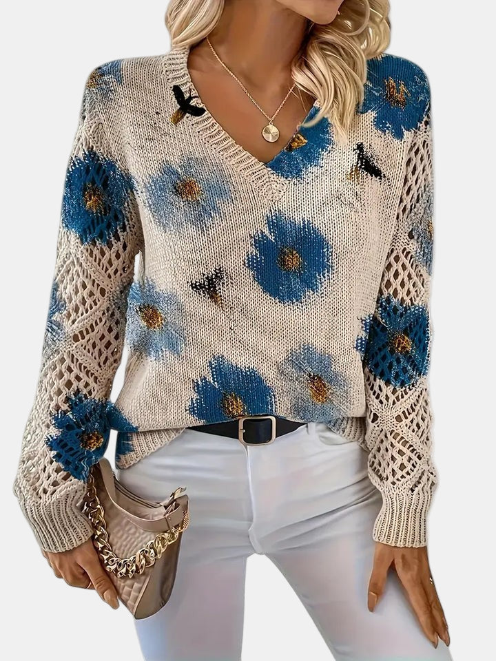 Comfortable Floral Crochet Sweater for Women with V Neck Balloon Sleeve Lace Panel Oversized Knit Style
