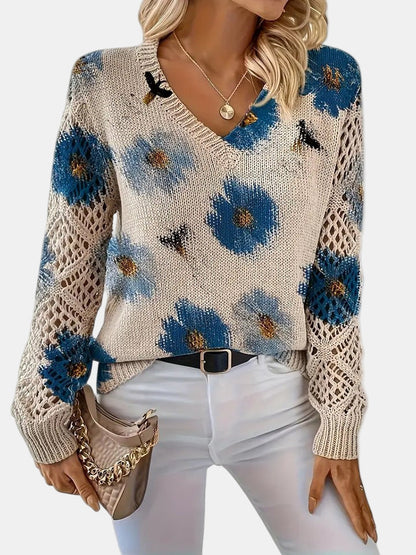 Comfortable Floral Crochet Sweater for Women with V Neck Balloon Sleeve Lace Panel Oversized Knit Style