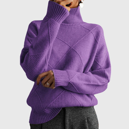 Comfortable Argyle Knit Sweater for Women with Turtleneck Long Sleeve Relaxed Oversized Style