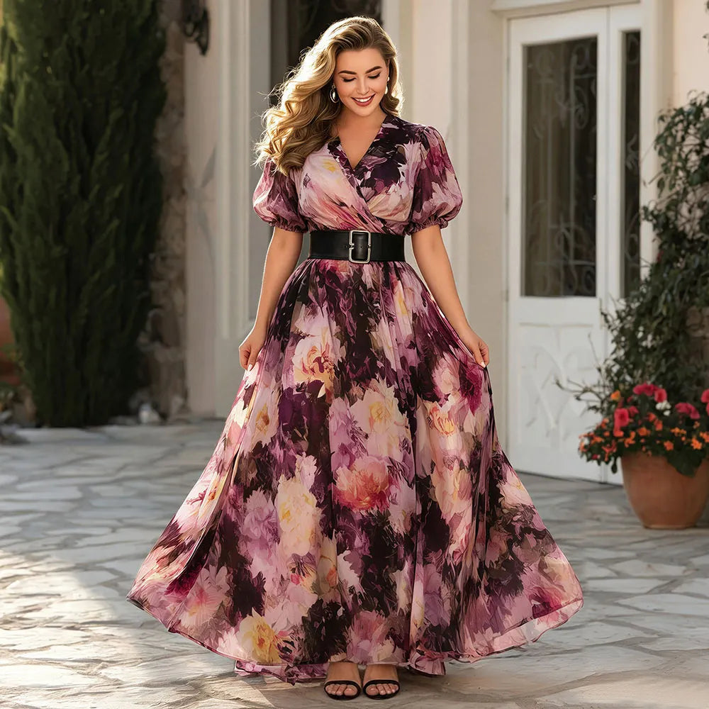 Elegant Purple Floral Maxi Dress for Women with V Neck Puff Sleeve Belted Wrap Flowing Wedding Guest Style