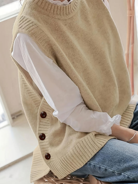 Comfortable Ribbed Knit Sweater Vest for Women with Mock Neck Sleeveless Side Button Relaxed Style