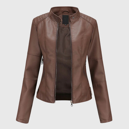 Elegant Faux Leather Moto Jacket for Women with Stand Collar Long Sleeve Zip Front Fitted Style