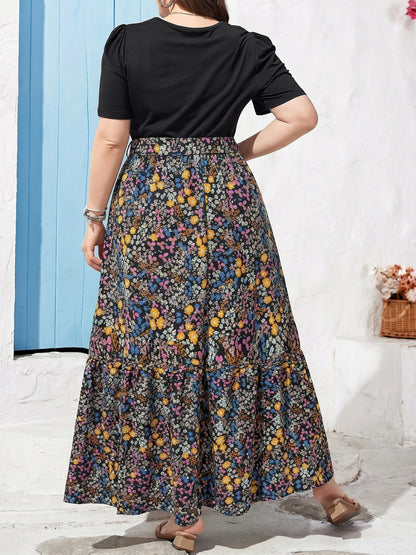 Plus Size, Plus Size Summer Dress with Round Neck, Puff Short Sleeves, Ruffled Hem, and Belted Print Design. Flowy Vacation Dress for Summer, Mid-length Fashionable Dress with Waist-cinching Effect