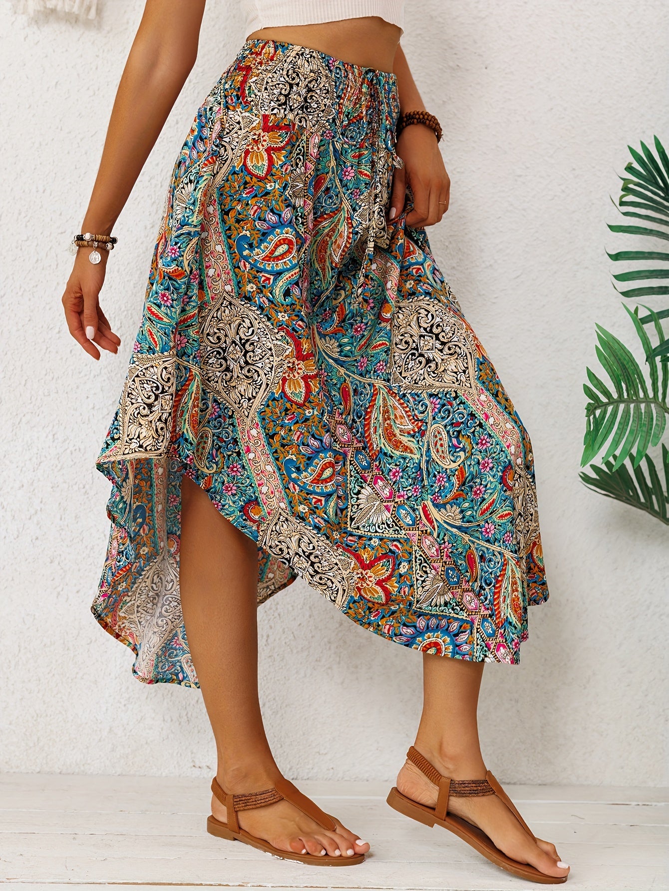 Effortless Multicolor Paisley Maxi Skirt for Women with High Waist Drawstring Asymmetrical Hem Bohemian Style