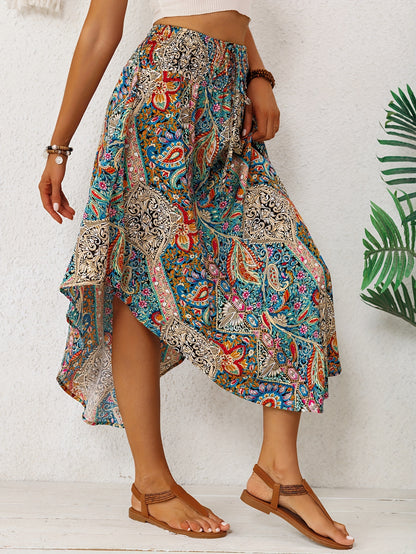 Effortless Multicolor Paisley Maxi Skirt for Women with High Waist Drawstring Asymmetrical Hem Bohemian Style