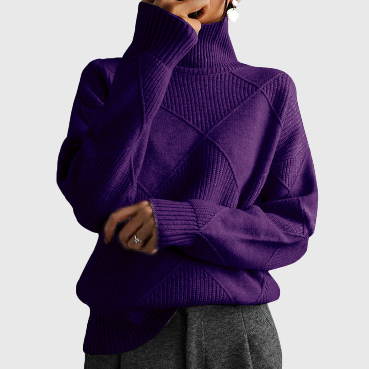Comfortable Argyle Knit Sweater for Women with Turtleneck Long Sleeve Relaxed Oversized Style