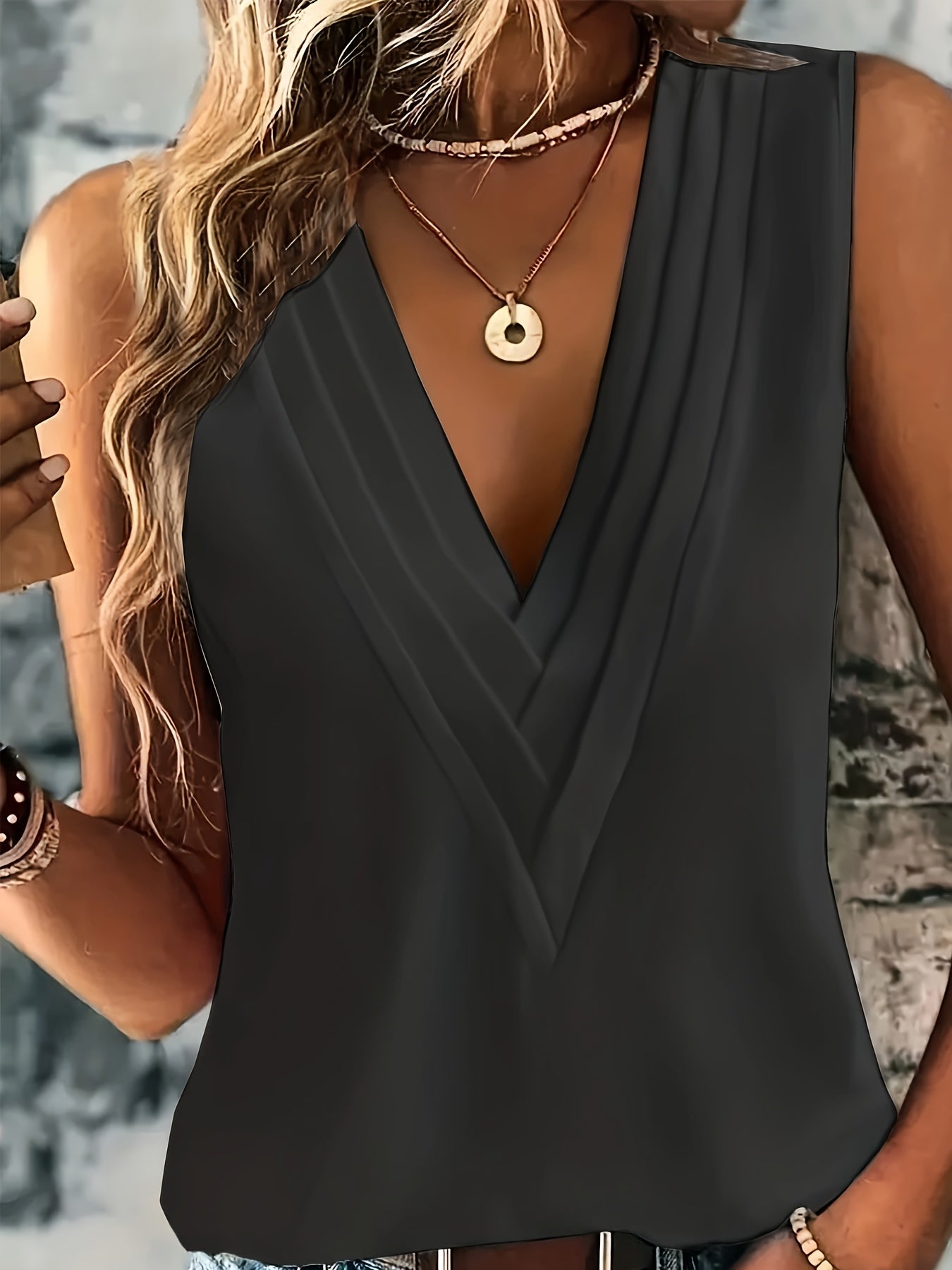 Effortless Blouse for Women with V Neck Sleeveless Pleated Draped Tank Style