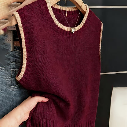 Comfortable Contrast Trim Sweater Vest for Women with Crew Neck Sleeveless Ribbed Hem Oversized Knit Style