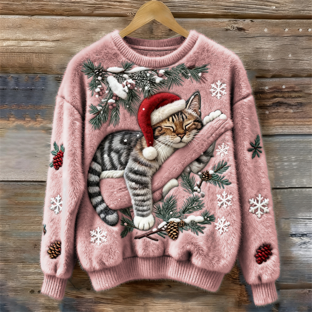 Comfortable Cat Print Sweater for Women with Crew Neck Long Sleeve Embroidered Snowflake Oversized Knit Style