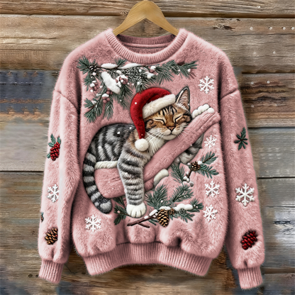 Comfortable Cat Print Sweater for Women with Crew Neck Long Sleeve Embroidered Snowflake Oversized Knit Style