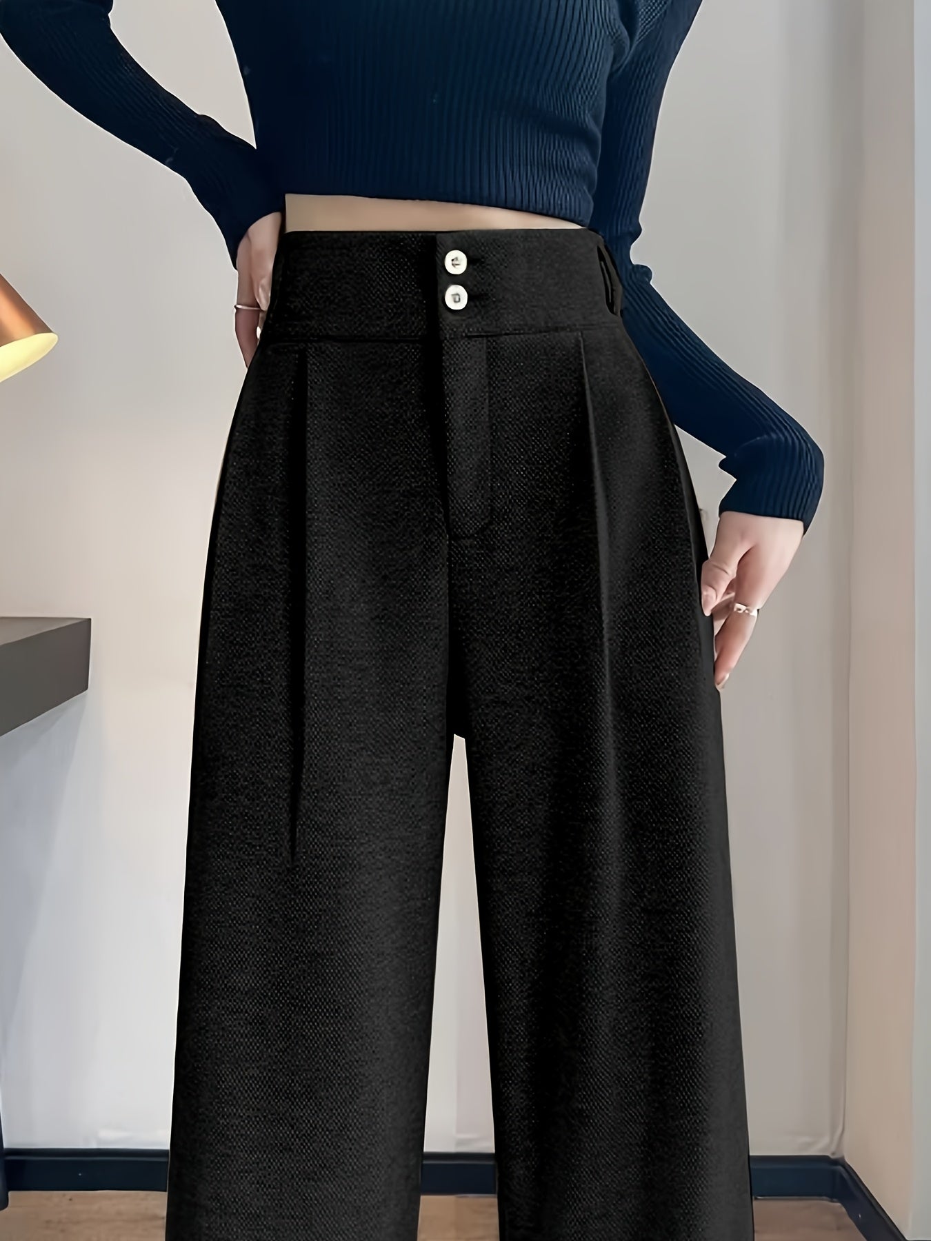 Elegant Herringbone Wide Leg Pants for Women with High Waist Button Front Pleated Tailored Style