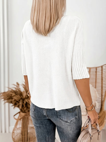 Comfortable Ribbed Sweater for Women with High Neck Elbow Sleeve Relaxed Oversized Knit Style