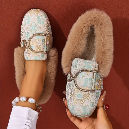 Stylish Beige House Shoes for Women with Faux Fur Lining Buckle Detail Printed Slip On Style