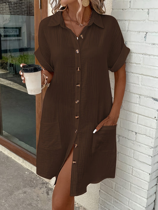 Effortless Textured Shirt Dress for Women with Collar Short Sleeve Button Front Relaxed Casual Style