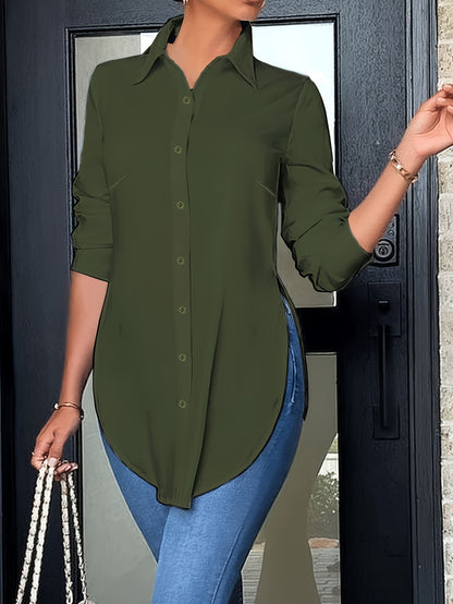 Effortless Tunic Blouse for Women with Collar Long Sleeve Button Front High Low Relaxed Style
