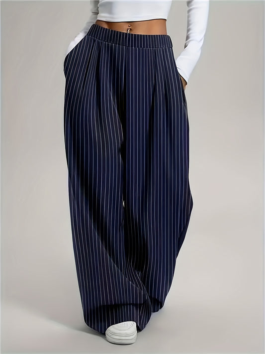 Effortless Navy Pinstripe Wide Leg Pants for Women with High Waist Pleated Relaxed Casual Style