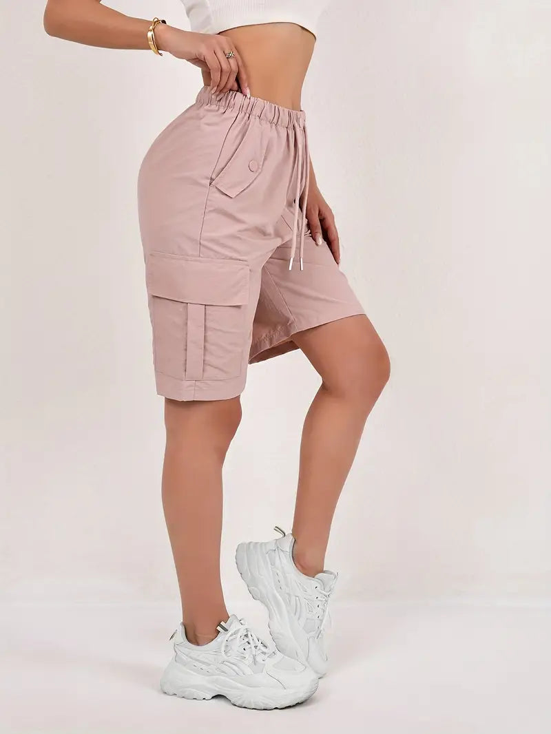 Effortless Pink Cargo Bermuda Shorts for Women with High Waist Drawstring Relaxed Casual Style