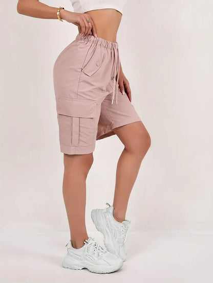 Effortless Pink Cargo Bermuda Shorts for Women with High Waist Drawstring Relaxed Casual Style