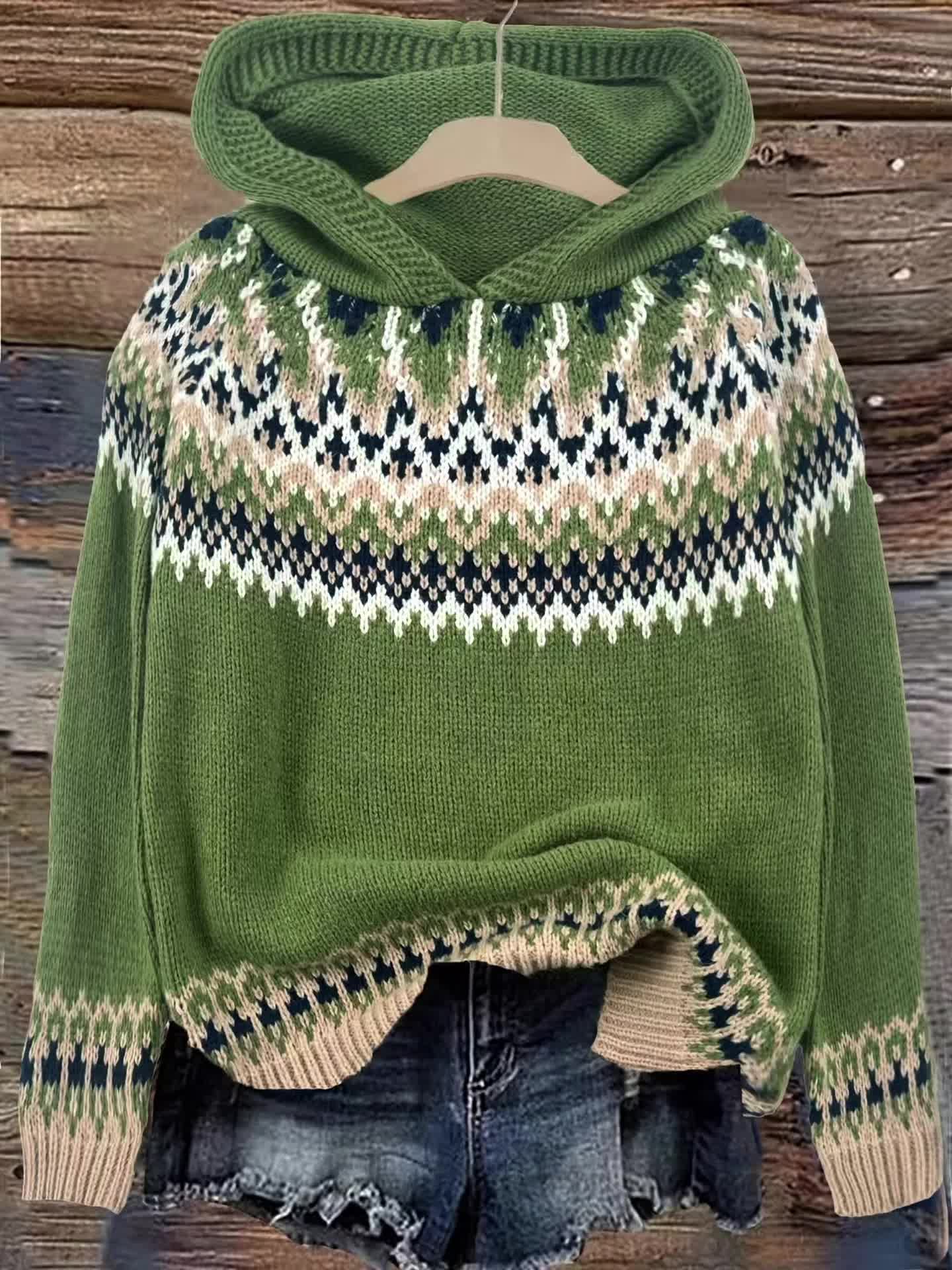 Comfortable Fair Isle Sweater for Women with Hooded Long Sleeve Relaxed Oversized Knit Style
