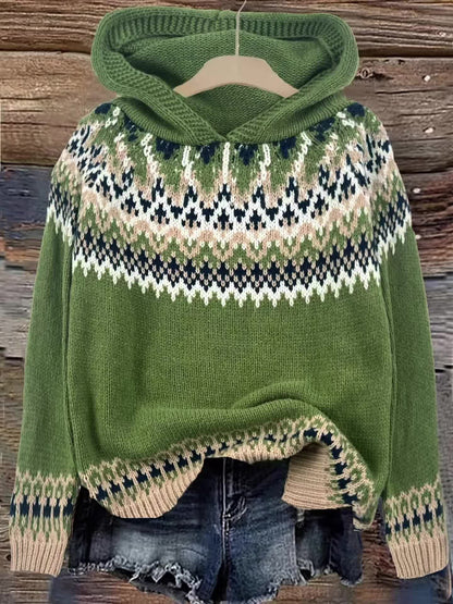 Comfortable Fair Isle Sweater for Women with Hooded Long Sleeve Relaxed Oversized Knit Style