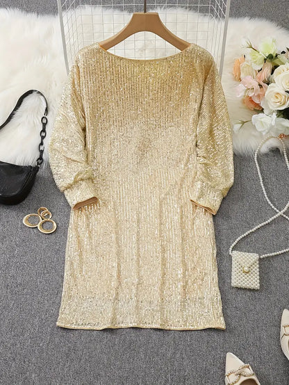 Elegant Sequin Mini Dress for Women with Off Shoulder Batwing Sleeve Bodycon Sparkle Formal Party Style